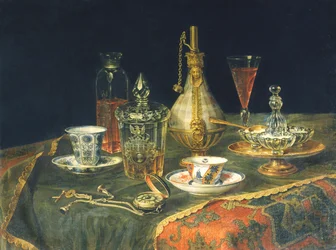 Verres bohèmes, tasses et une montre