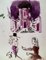 Décor de scène et figurines de Dorante et Angélique