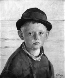 Jeune pêcheur au bord de la mer, soleil du soir