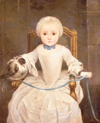 Une jeune fille assise, trois-quarts de longueur, portant une robe ivoire et un bonnet avec un pigeon