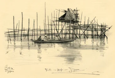 Maison sur pilotis et pêcheurs dans le port de Singapour