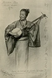 Femme jouant du shamisen, chutes de Mentaki, Kobe, Japon, 1898