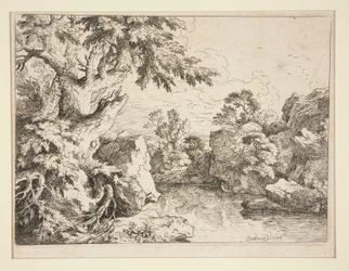 Paysage avec étang bordé de rochers et d