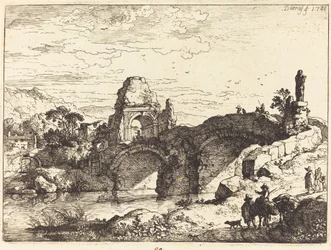 Paysage avec un pont et une tour en ruine