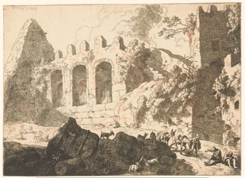 Paysage avec ruines et une pyramide