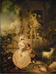 Amoureux avec moutons et chèvres (huile sur toile)