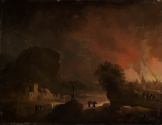 Paysage nocturne avec une ville en flammes