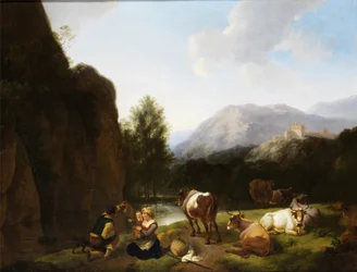 Famille au repos près de vaches au bord d