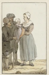Femme avec enfant près de deux hommes