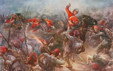La charge de la cavalerie Drury Lowes à Kassassin, 28 août 1882, illustration de Batailles britanniques sur terre et sur mer, édité par Sir Evelyn Wood (1838-1919), 1915