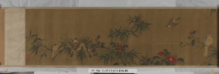 Fleurs, bambou et oiseaux
