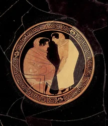 Kylix à figures rouges attique représentant une conversation entre deux hommes, vers 450 av. J.-C. (détail)