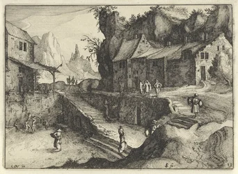 Village de montagne avec maisons et escaliers