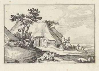 Ferme et berger avec moutons et chèvre (série Landschappen met boerderijen)