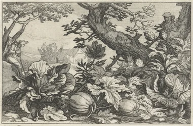 Paysage avec citrouilles et choux