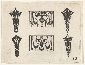 Gravure en noir avec deux panneaux horizontaux et quatre cabochons