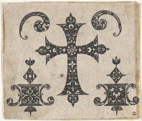 Gravure en noir avec une croix latine et de petits motifs, vers 1620