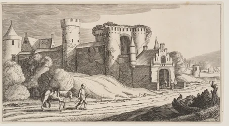 Un paysan avec un cheval sur une route près des remparts de la ville, extrait de Paysages (Playsante Lantschappen)