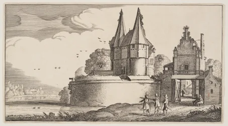 Bastion et porte de ville sur une rivière, extrait de Paysages (Playsante Lantschappen)