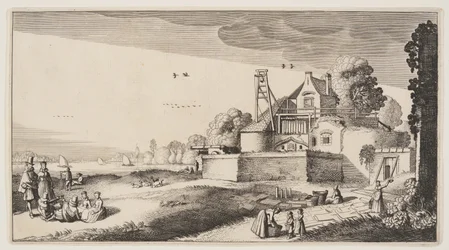 Champ de blanchiment devant un fort sur une rivière, extrait de Paysages (Playsante Lantschappen)
