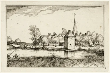 Étang et village, planche quinze après Images de fermes, de maisons de campagne et de villages rustiques (Praediorum villarum et rusticarum casularum icones)