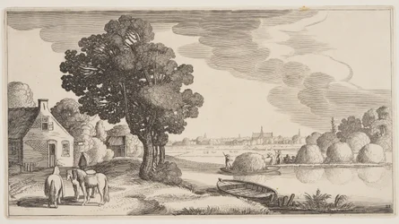 Transport de foin sur une rivière, extrait de Paysages (Playsante Lantschappen)