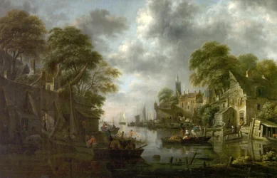 Scène de Rivière avec Bateaux et Personnages