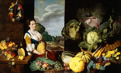 Une jeune femme à un étal de fruits et légumes