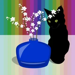 Vase en verre bleu avec fleur et chat noir