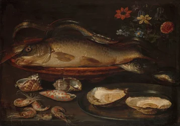 Nature morte avec poissons, fruits de mer et fleurs