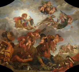 French :  Mars sur son char tiré par des loups Mars on his chariot pulled by wolves