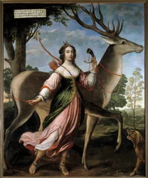 Portrait de Marie de Rohan-Montbazon, duchesse de Luynes puis de Chevreuse (1600-1679). La jeune femme est représentée en Diane chasseresse, avec un cerf. Peinture attribuée à Claude Deruet (1588-1662), 1627. H. 2,4 x 1,95 m