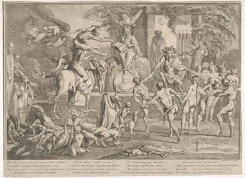 Sabbat des sorcières dans un paysage nocturne, un nécromancien assis en haut au centre, vers 1700-1720