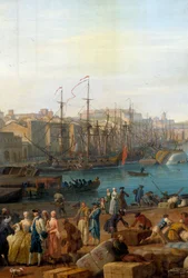 Le port de Marseille au XVIIIe siècle. Détail représentant le déchargement de marchandises. Peinture de Joseph Vernet (1714-1789)