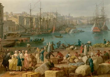 Le port de Marseille au XVIIIe siècle. Détail représentant le déchargement des marchandises. Peinture de Joseph Vernet (1714-1789), XVIIIe siècle, Paris, musée de la Marine