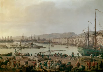 Vue du port de Toulon, détail : le vieux port, vue prise depuis la côte des boutiques. Peinture de Joseph Vernet (1714-1789), 1756. Paris, Musée de la Marine - Vue du port de mer de Toulon. Détail. Peinture de Joseph Vernet (1714-1789)