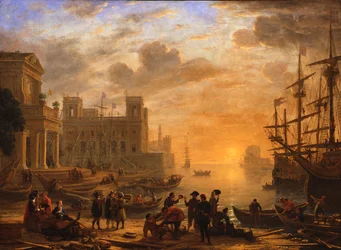 Un paysage portuaire au coucher du soleil