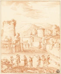 Danseurs et musiciens devant le village avec la tour en ruine
