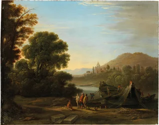 French: Paysage avec personnages chargeant du bois sur un bateau Landscape with figures loading timber onto a boat