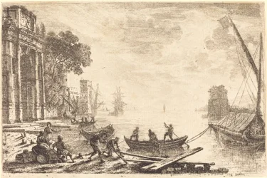 Scène de port avec soleil levant