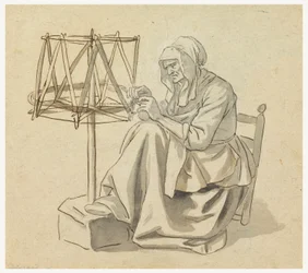 Dessin, une vieille femme en train de filer, 1810-30