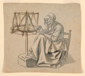 Dessin, une vieille femme en train de filer, 1810-30