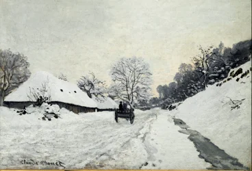 Charrette, route sous la neige à Honfleur