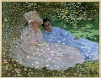 Madame Monet et une amie au jardin. Deux femmes assises à l