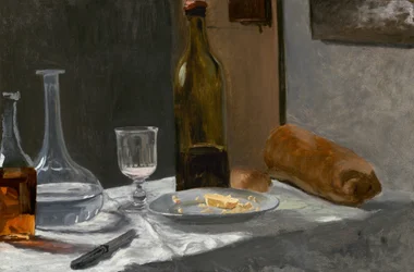 Nature morte avec bouteille, carafe, pain et vin, vers 1862-1863 (huile sur toile)