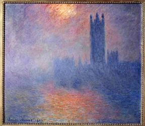 Les Chambres du Parlement, Londres, avec le soleil perçant le brouillard
