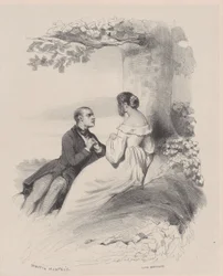 Homme proposant à une femme dont le visage est caché par les cheveux, vers 1830-65