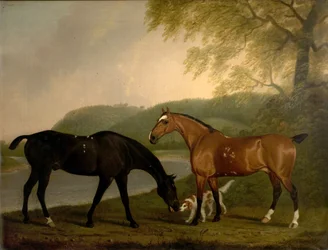 Chevaux et chien dans un paysage, vers 1830
