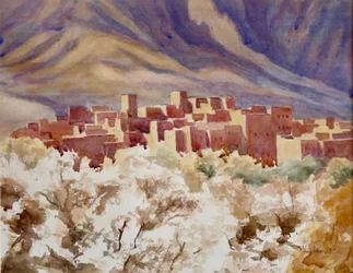 Amandiers en fleurs, gorges de Todra, 2000 (aquarelle)
