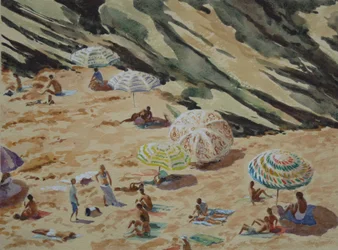 Plage, rochers et parasols